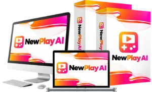 NewPlay AI review product mockup showing the AI game store builder on a monitor, laptop and product box