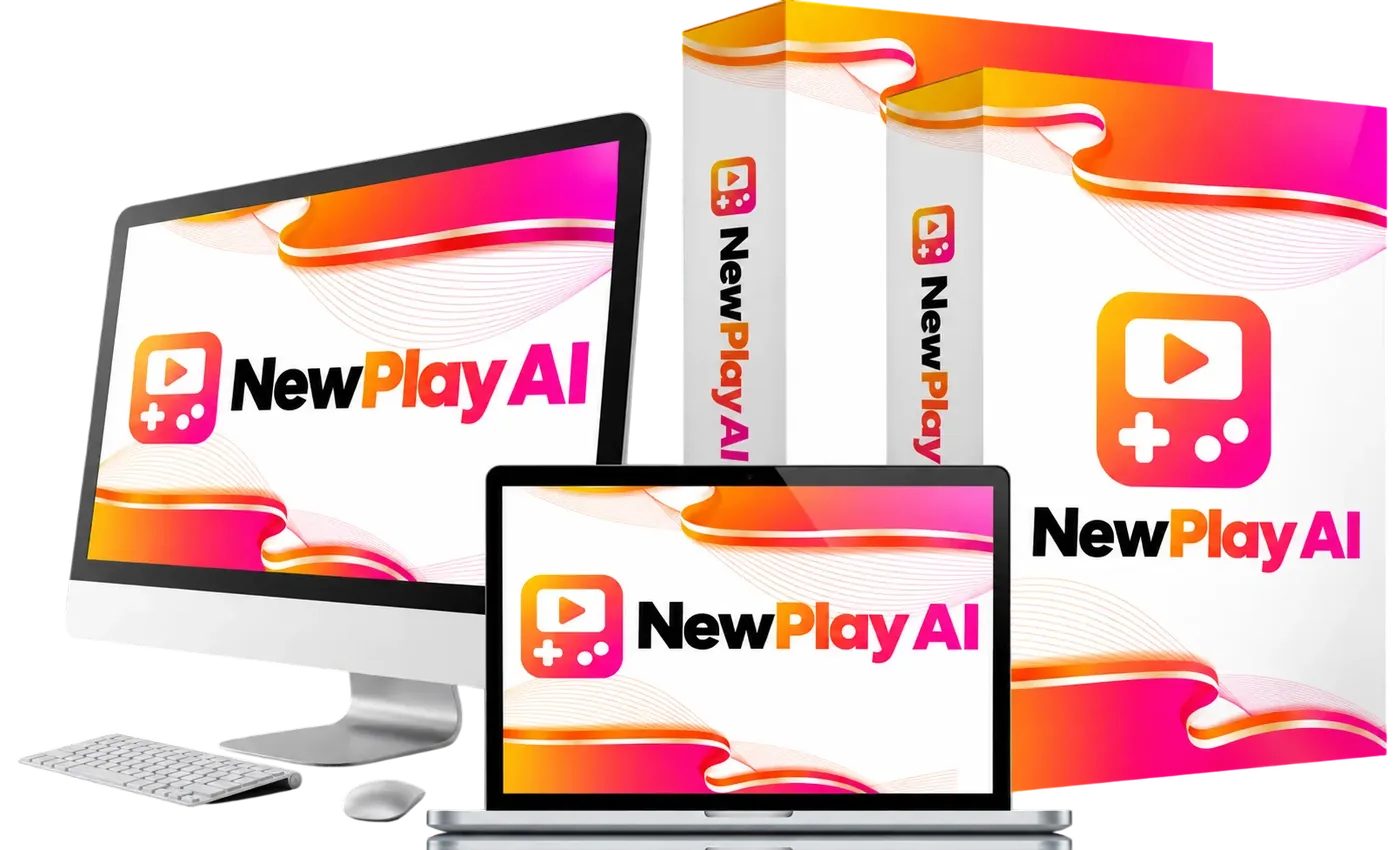 NewPlay AI review product mockup showing the AI game store builder on a monitor, laptop and product box