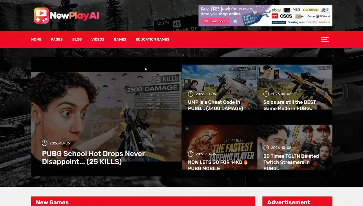 Sample gaming store front built with NewPlay AI, with a branded header, game posts and an ad slot