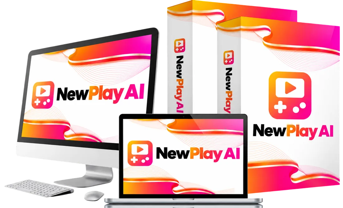 NewPlay AI software bundle mockup with the front-end app and upgrade boxes