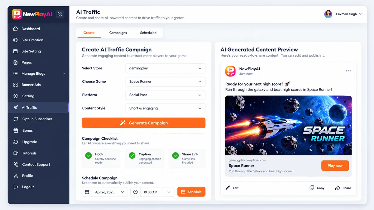 NewPlay AI AI viral traffic system screen creating a traffic campaign for a game