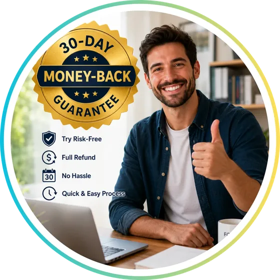Gold 30 day money back guarantee seal for ProfitPilot with a smiling person at a laptop
