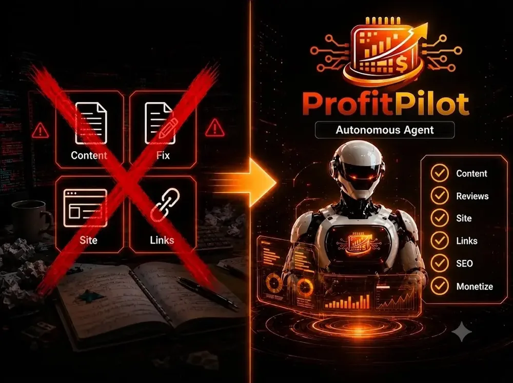 Split picture contrasting a manual workflow of content, site and links with the ProfitPilot agent doing content, reviews, SEO and monetization