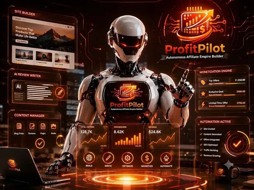 Robot agent holding a ProfitPilot shield in front of a review website, the vendor picture of an autonomous affiliate site agent