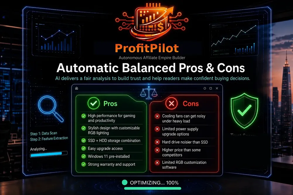 ProfitPilot pros and cons panel for a sample product with green pros and red cons lists