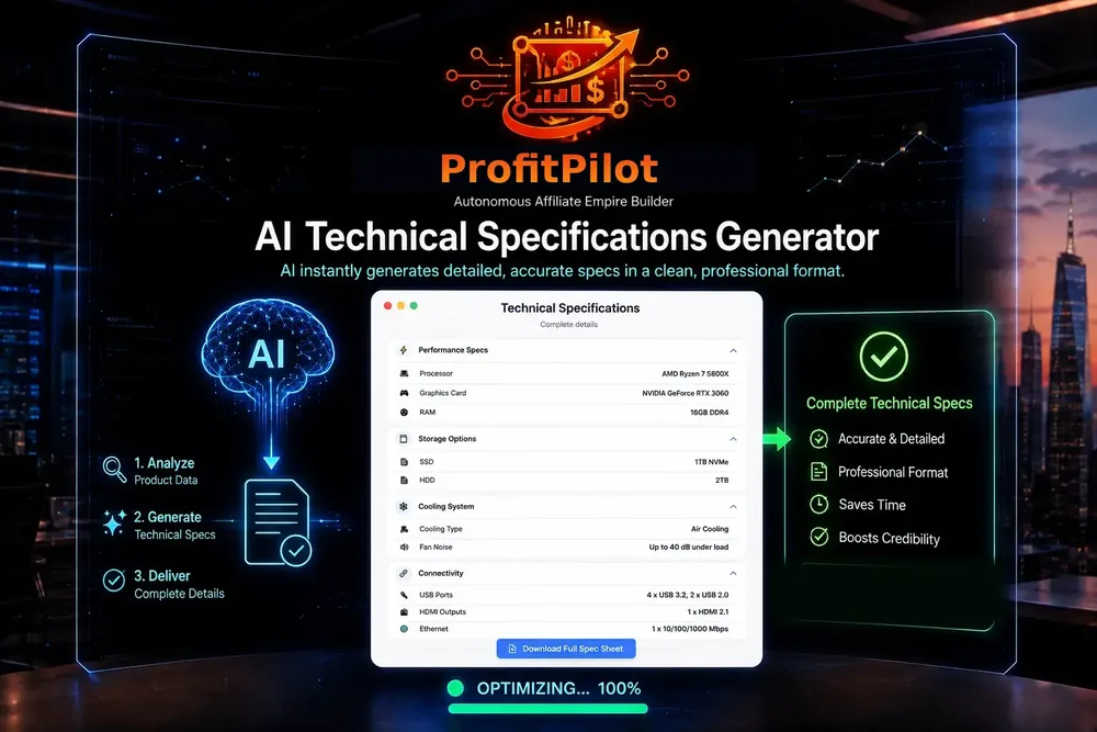 ProfitPilot technical specifications table generated for a sample product with a complete specs checklist