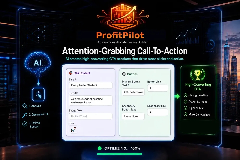 ProfitPilot call to action builder with title, subtitle, button text and badge fields and a high converting CTA checklist