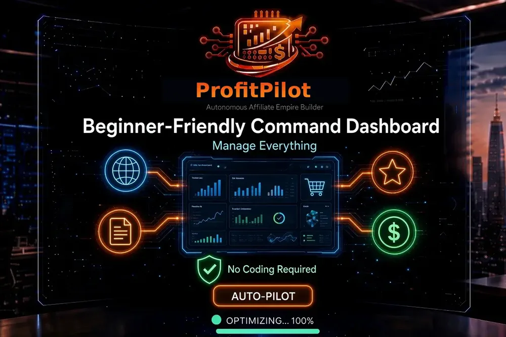 ProfitPilot command dashboard with analytics charts and a No Coding Required badge, the beginner friendly dashboard
