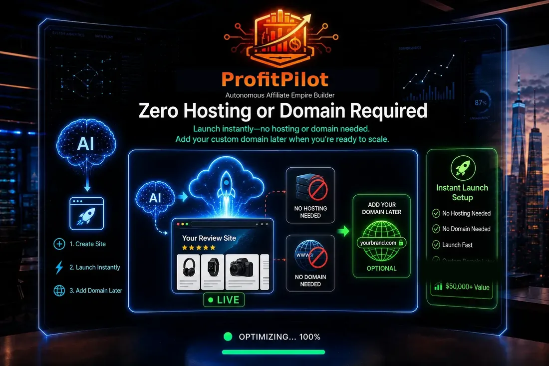 ProfitPilot launch flow showing create site, launch instantly and add a domain later, with no hosting or domain needed