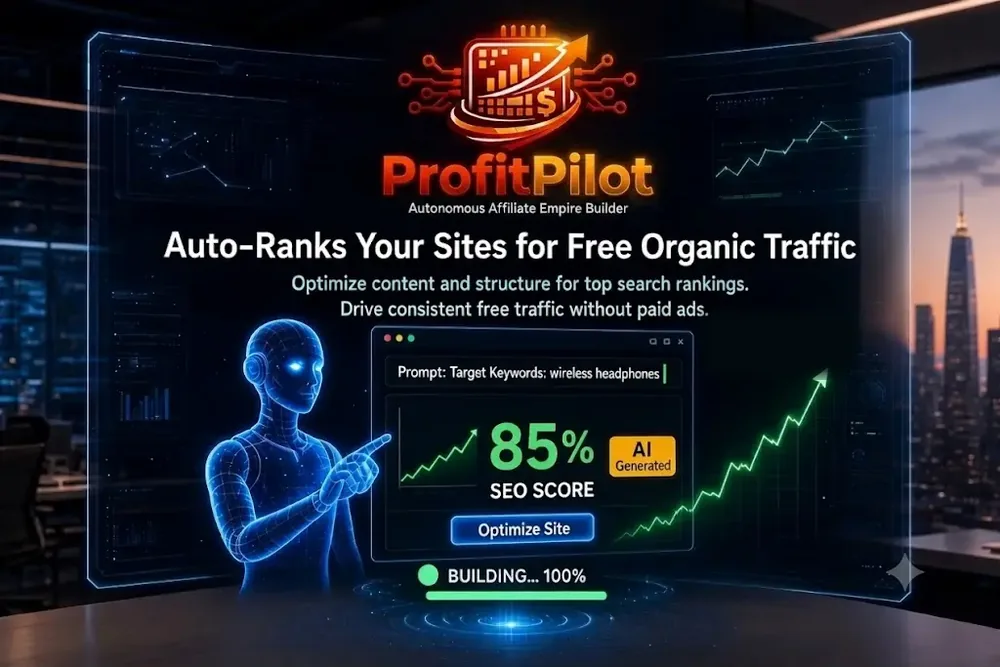 ProfitPilot agent beside a sample SEO score panel with an Optimize Site button, the search optimization feature