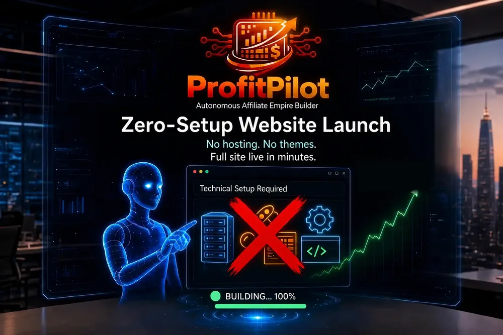ProfitPilot agent beside a crossed-out technical setup panel, the zero setup website launch feature