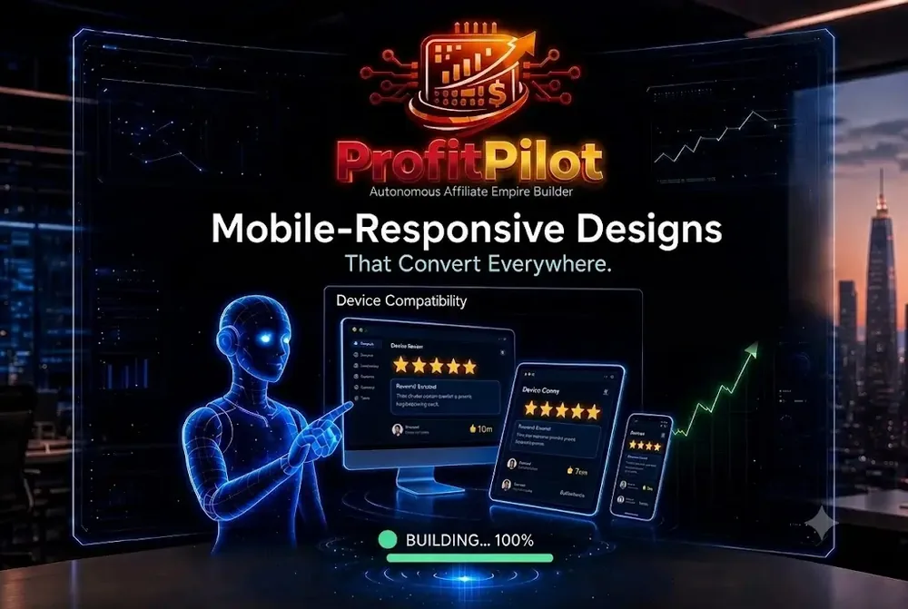 ProfitPilot agent beside review pages shown on a monitor, tablet and phone, the mobile responsive design feature