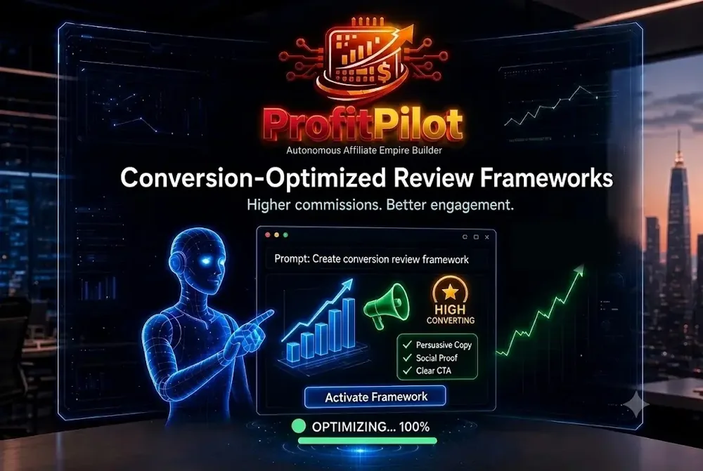 ProfitPilot agent beside a high converting review framework panel with persuasive copy, social proof and clear call to action
