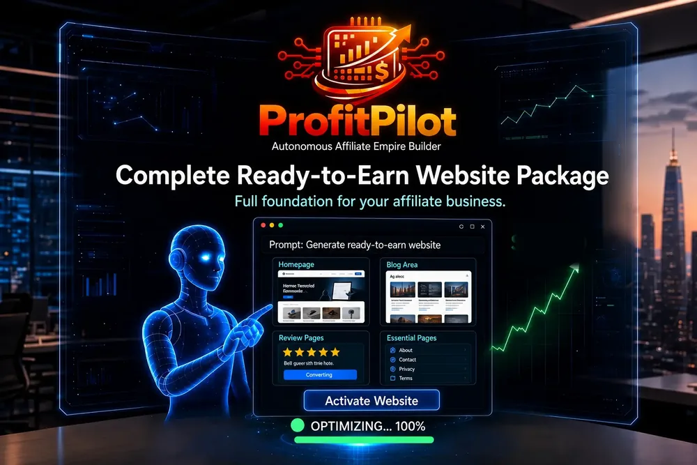 ProfitPilot agent beside a ready-to-earn website panel with homepage, blog area, review pages and essential pages