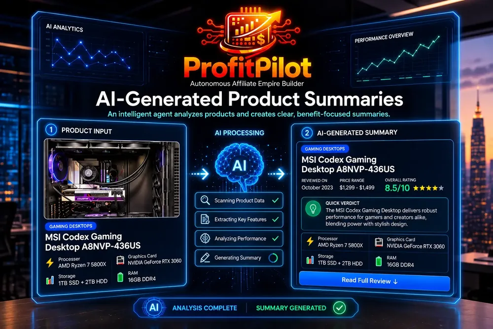ProfitPilot product input, AI processing and AI generated summary panels for a sample gaming desktop