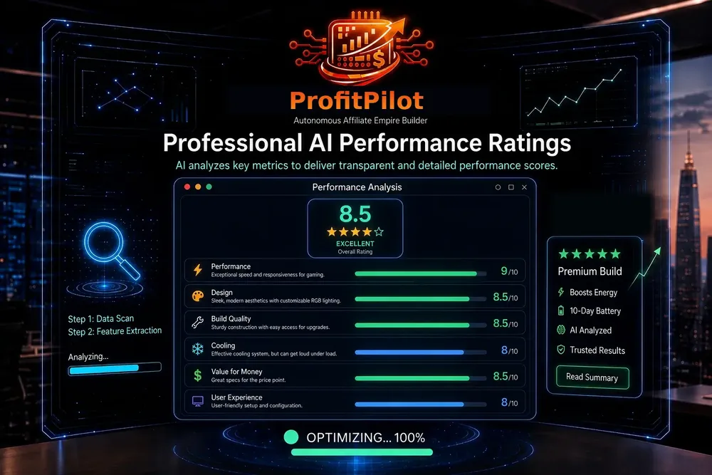 ProfitPilot performance analysis panel with an overall rating and scores for performance, design, build quality and value
