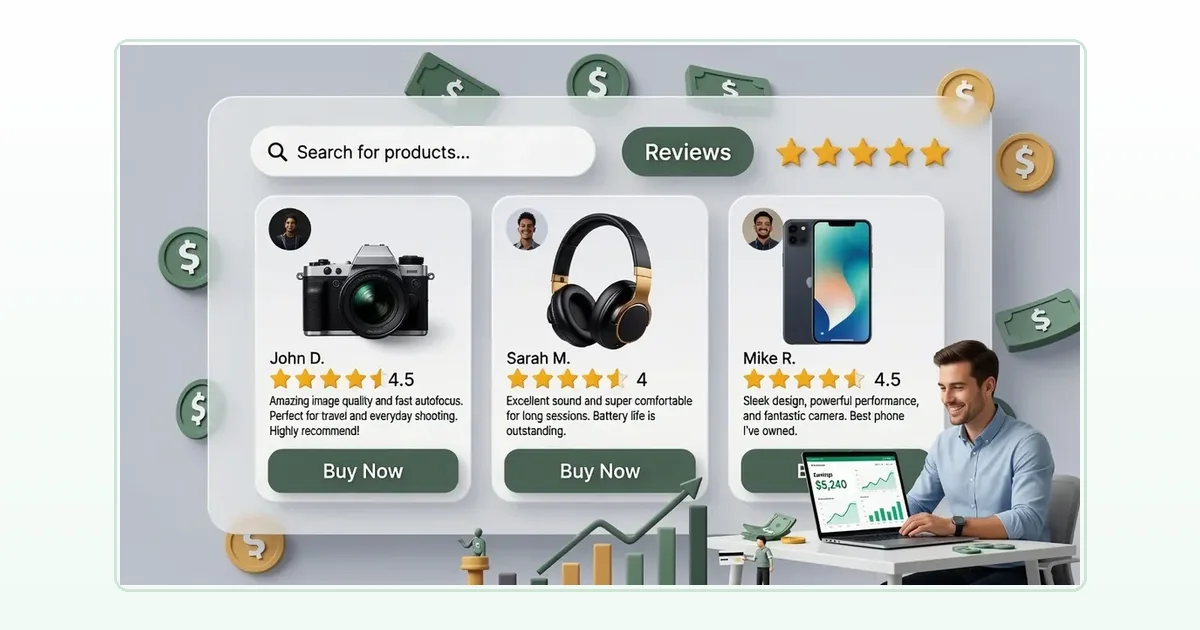 ProfitPilot Google ranking featured image showing product review cards with star ratings and buy buttons