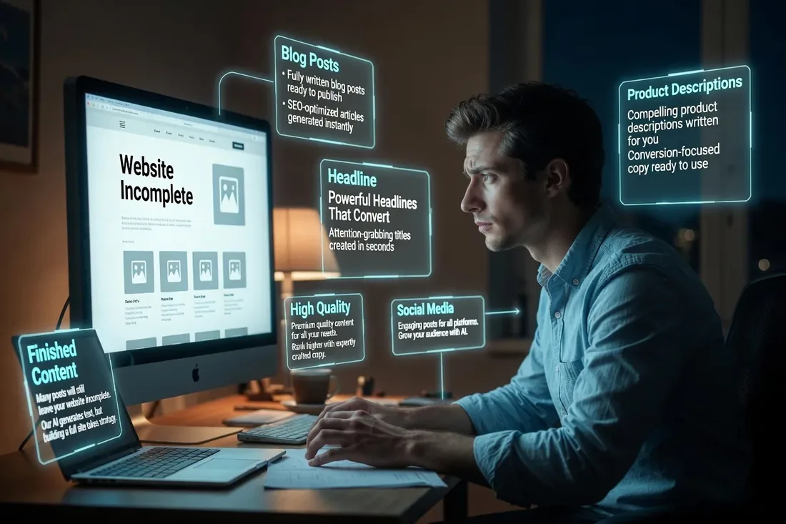 Person at a desk looking at an unfinished website next to floating blog post and product description tiles, AI content but no complete site