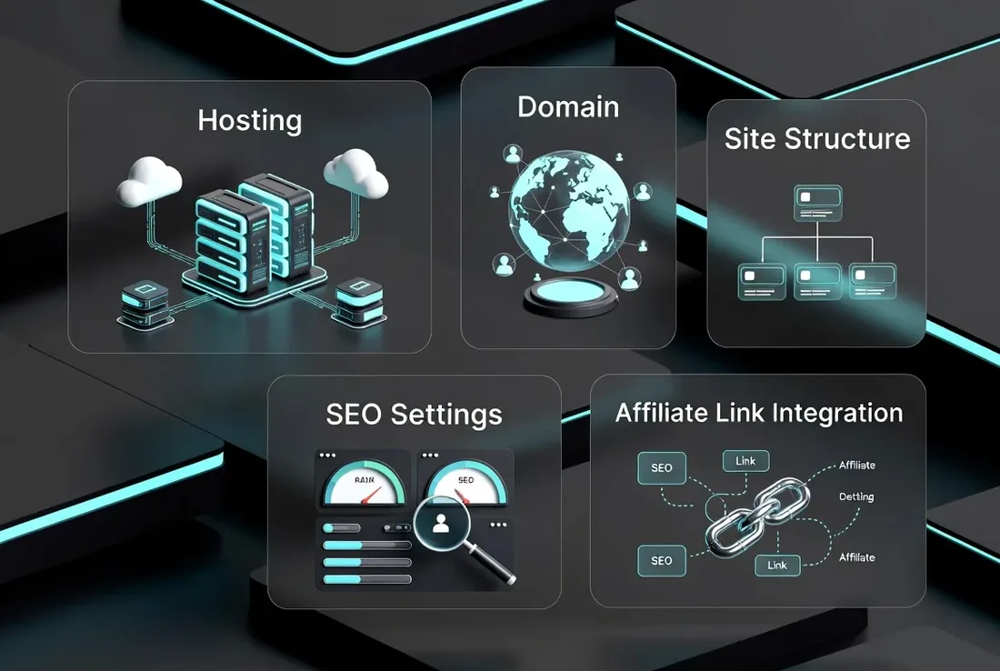 Dark panel showing hosting, domain, site structure, SEO settings and affiliate link integration as separate technical chores