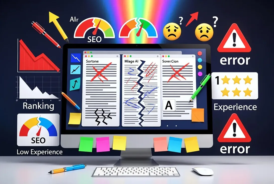 Marked-up article with crossed-out sections, error warnings and a low SEO gauge, raw AI content that needs heavy editing