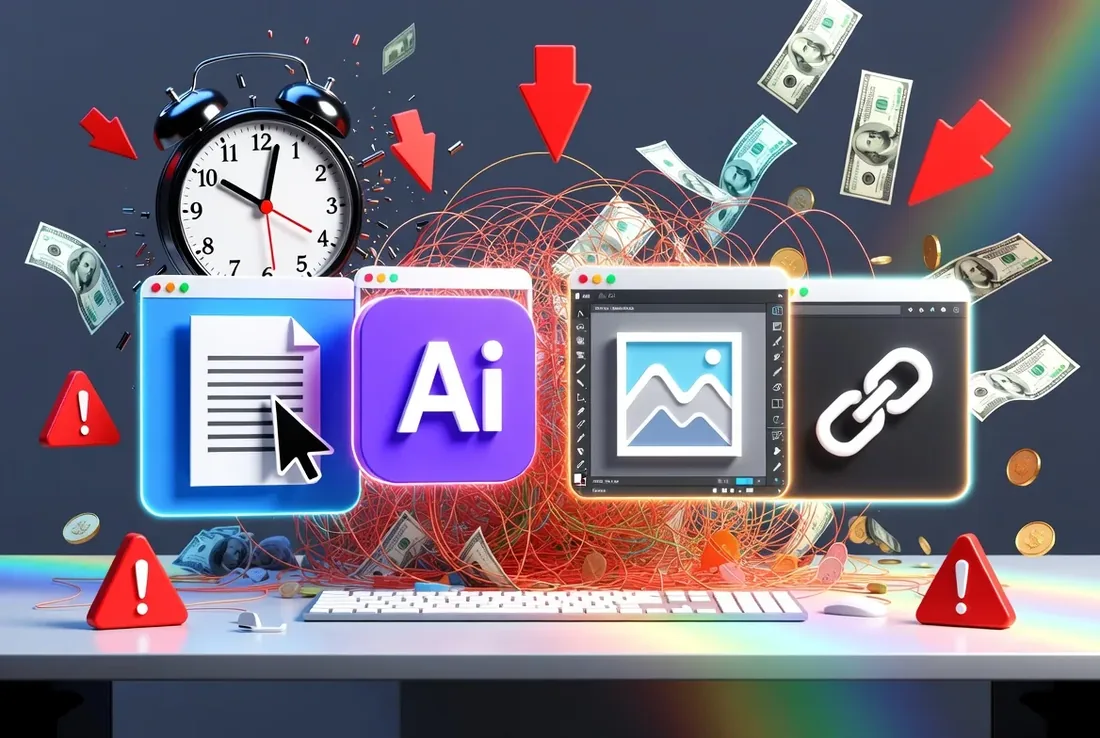 Clock and floating tool icons for a document, AI, an image and a link, showing time lost jumping between separate tools