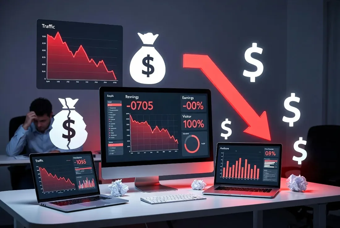 Stressed person at a desk with falling traffic charts and money bags, scaling a second and third site becomes harder
