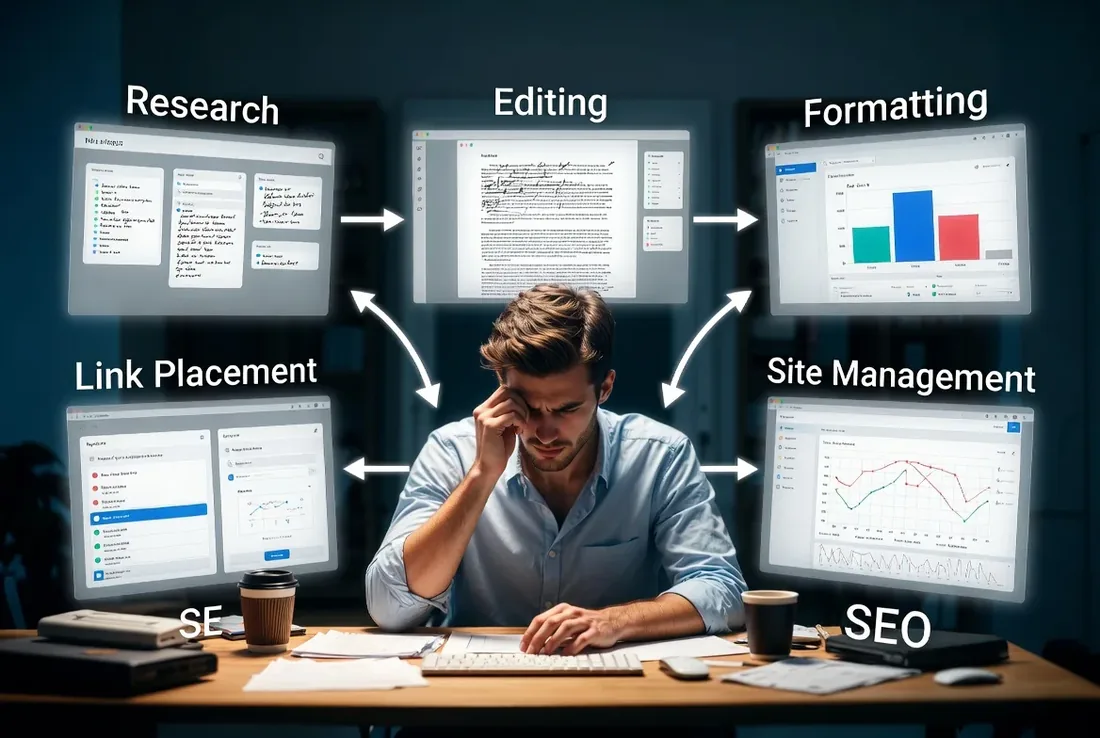 Person surrounded by research, editing, formatting, link placement, site management and SEO tasks, still doing most of the work by hand