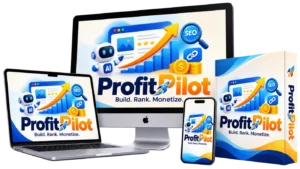ProfitPilot product mockup showing the dashboard on a desktop monitor, laptop, tablet and phone next to the product box