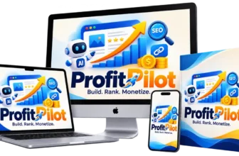 ProfitPilot product mockup showing the dashboard on a desktop monitor, laptop, tablet and phone next to the product box