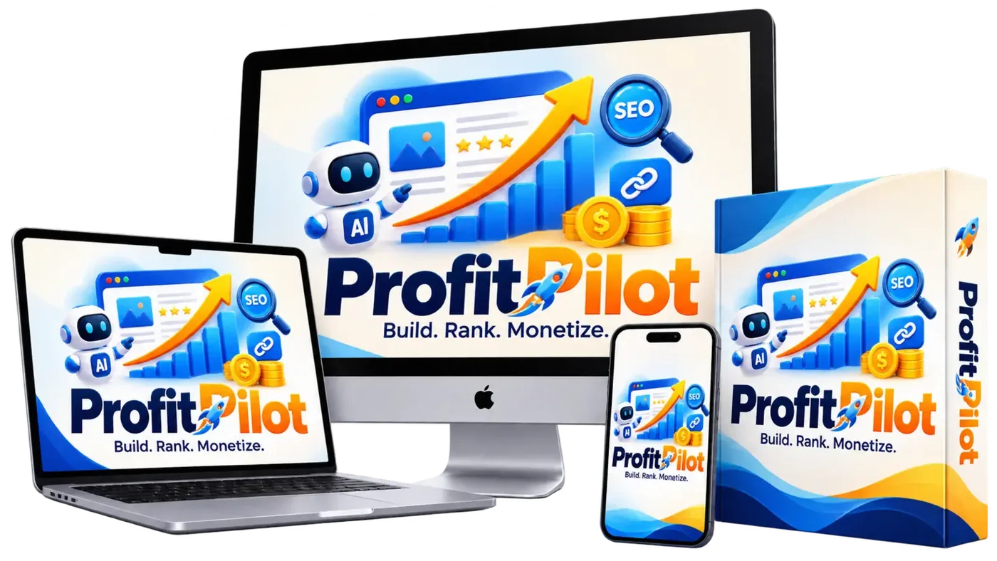 ProfitPilot product mockup showing the dashboard on a desktop monitor, laptop, tablet and phone next to the product box