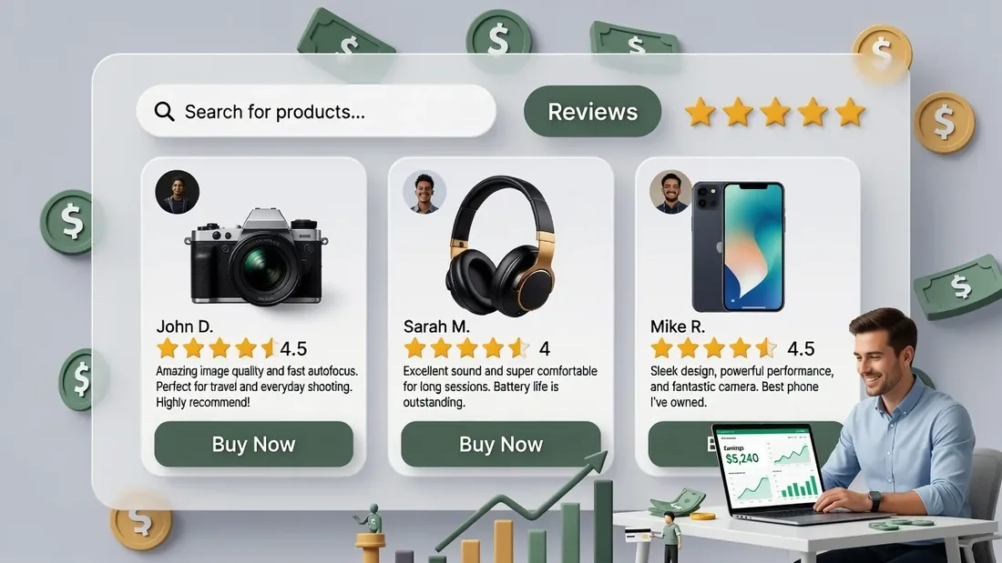 Illustration of product review cards with star ratings and buy buttons for a camera, headphones and a phone, with a person at a laptop