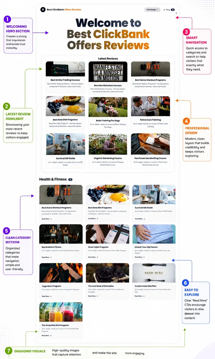 Vendor sample ClickBank review site homepage built with ProfitPilot, with a welcome banner and a grid of review cards