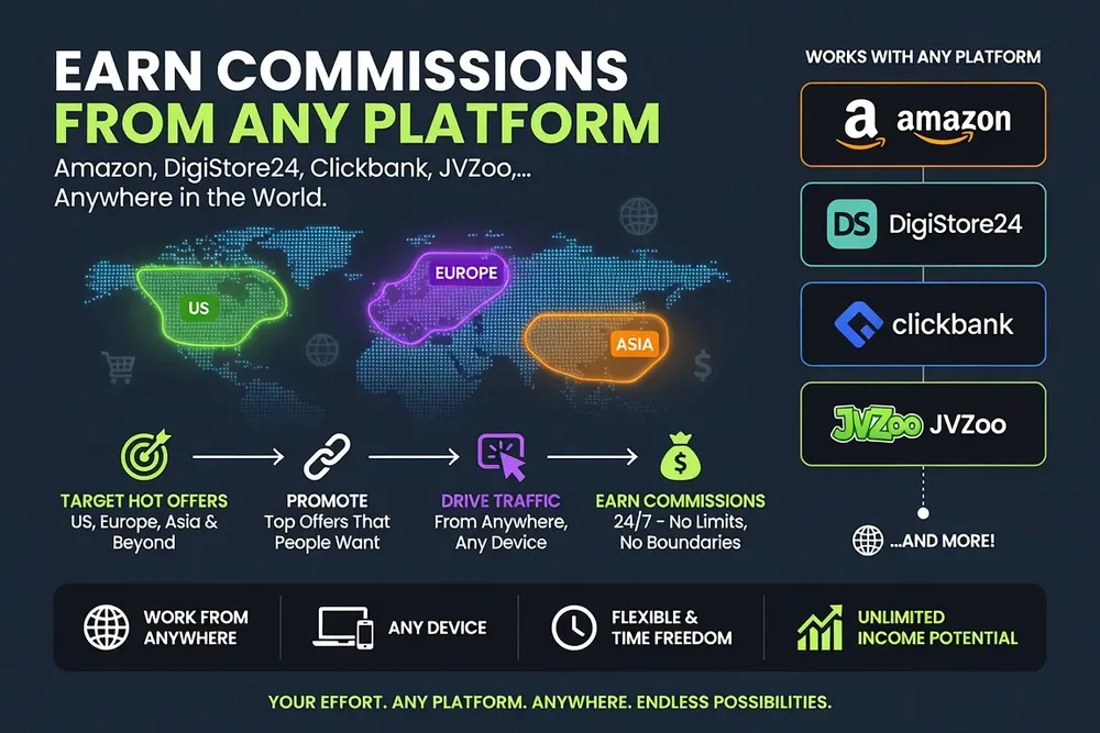 Vendor graphic listing the affiliate platforms ProfitPilot works with, including Amazon, Digistore24, ClickBank and JVZoo