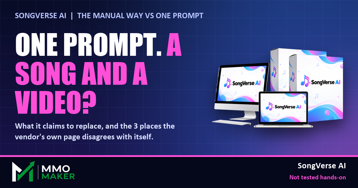 SongVerse AI: one prompt, a song and a video? The manual way versus the vendor's claim, with the SongVerse AI product mockup, MMO Maker
