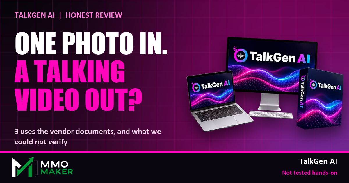 TalkGen AI review header: one photo in, a talking video out, with the TalkGen AI product mockup. MMO Maker honest review, not tested hands-on.