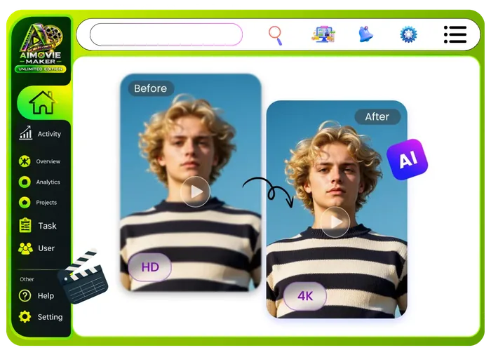 Vendor feature graphic for 4K Export And AI Upscaler in Unlimited Movie: crisp output and unlimited downloads with no watermarks