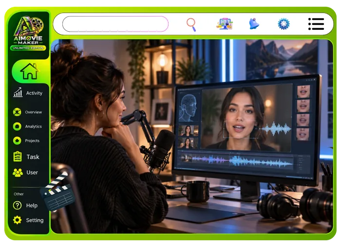 Vendor feature graphic for AI Dialogue And Lip-Sync in Unlimited Movie: every line spoken in sync with emotion and expression control