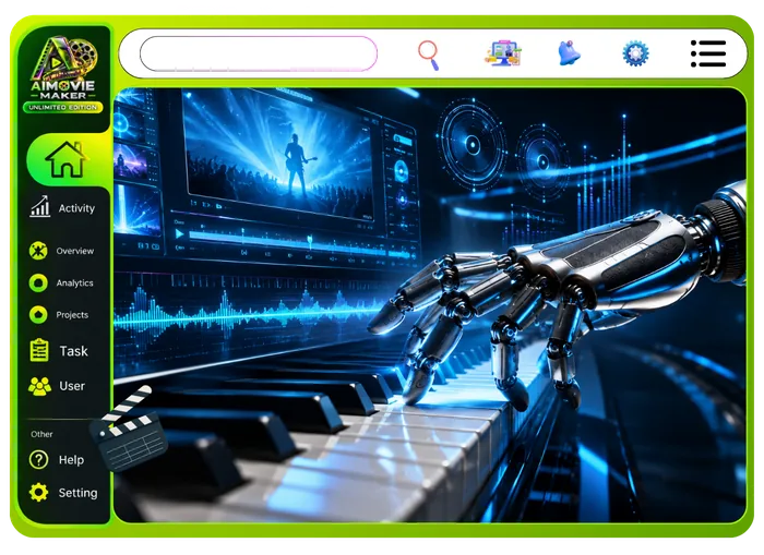 Vendor feature graphic for AI Music And SFX Composer in Unlimited Movie: original scores per scene, automatic sound effects and mixing