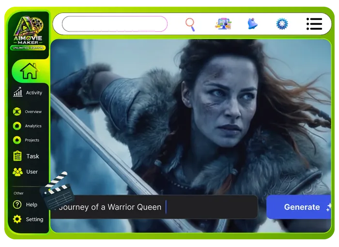 Vendor feature graphic for AI Scene Generator in Unlimited Movie: cinematic footage from text or an image with camera motion, lighting and film looks