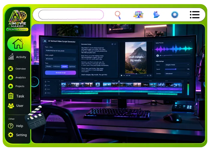 Vendor feature graphic for AI Script Studio in Unlimited Movie: an idea, story, ebook or URL becomes a screenplay with acts, scenes, dialogue and a shot list