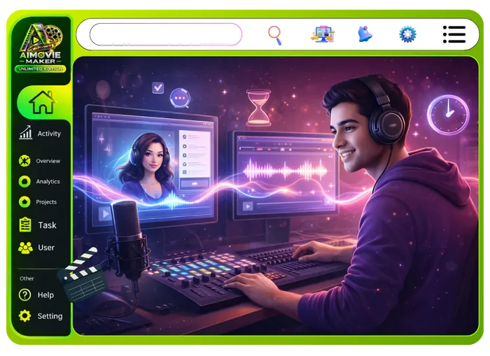 Vendor feature graphic for AI Voice Studio And Cloning in Unlimited Movie: hundreds of voices, 30+ languages and accents, and voice cloning