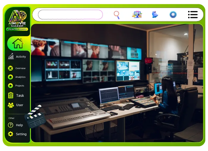 Vendor feature graphic for Built-In Movie Editor in Unlimited Movie: timeline, trim, re-render and swap shots, or let the AI finish