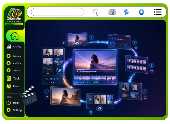 Vendor feature graphic for Cinematic Template Vault in Unlimited Movie: done-for-you trailer, film, ad and channel templates plus a prompt library