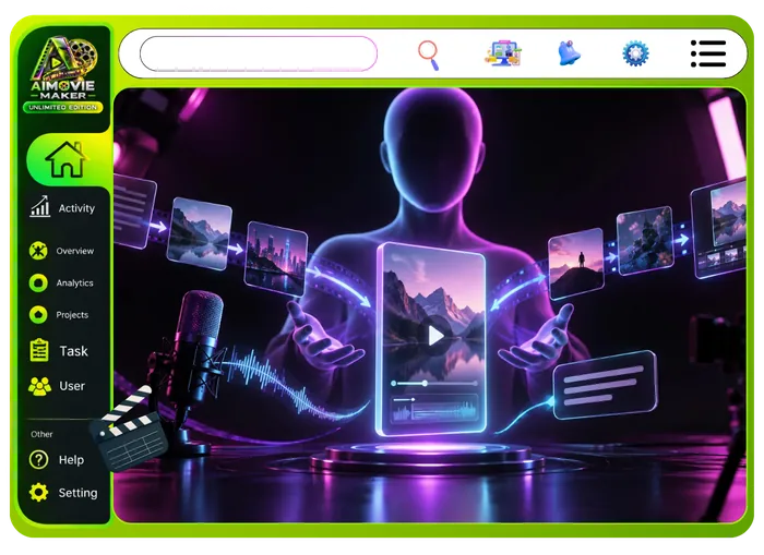 Vendor feature graphic for Faceless Channel Engine in Unlimited Movie: story, history, true-crime, kids and fact episodes from one idea