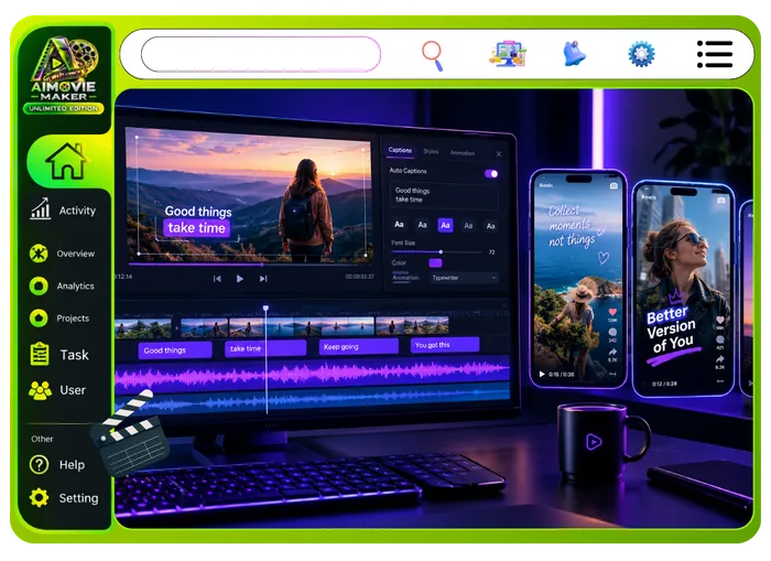 Vendor feature graphic for Shorts, Reels And TikTok Auto-Cutter in Unlimited Movie: every movie sliced into captioned vertical clips