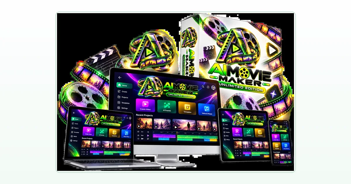 Unlimited Movie OTO guide featured image showing the vendor product box with the dashboard on a monitor, laptop, tablet and phone