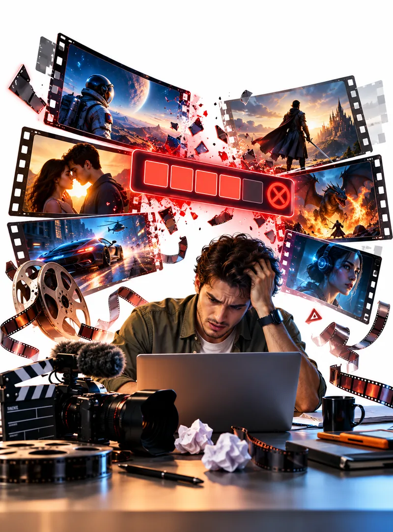Filmmaker with his head in his hands at a desk covered with film gear, frustrated by the limits of AI video tools