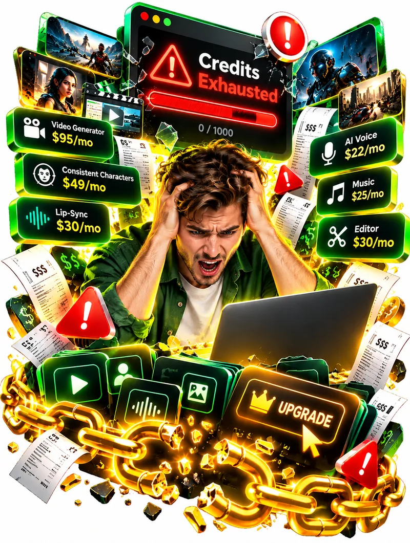 Frustrated filmmaker at a laptop surrounded by credit warnings and monthly subscription tags for AI video tools
