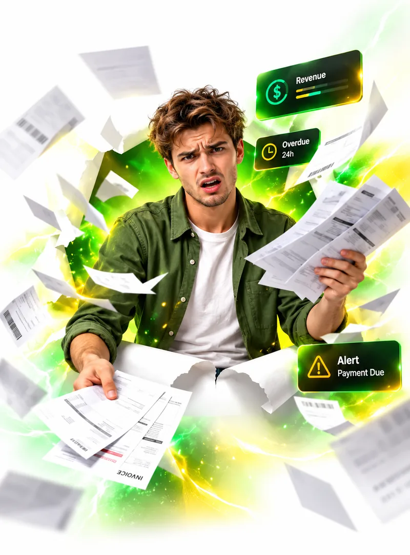 Man surrounded by flying invoices and alerts, overwhelmed by the bills of several separate AI video subscriptions