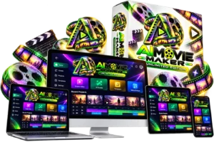 Unlimited Movie review product mockup: the AiMovie Maker Unlimited Edition box with the dashboard on a monitor, laptop, tablet and phone